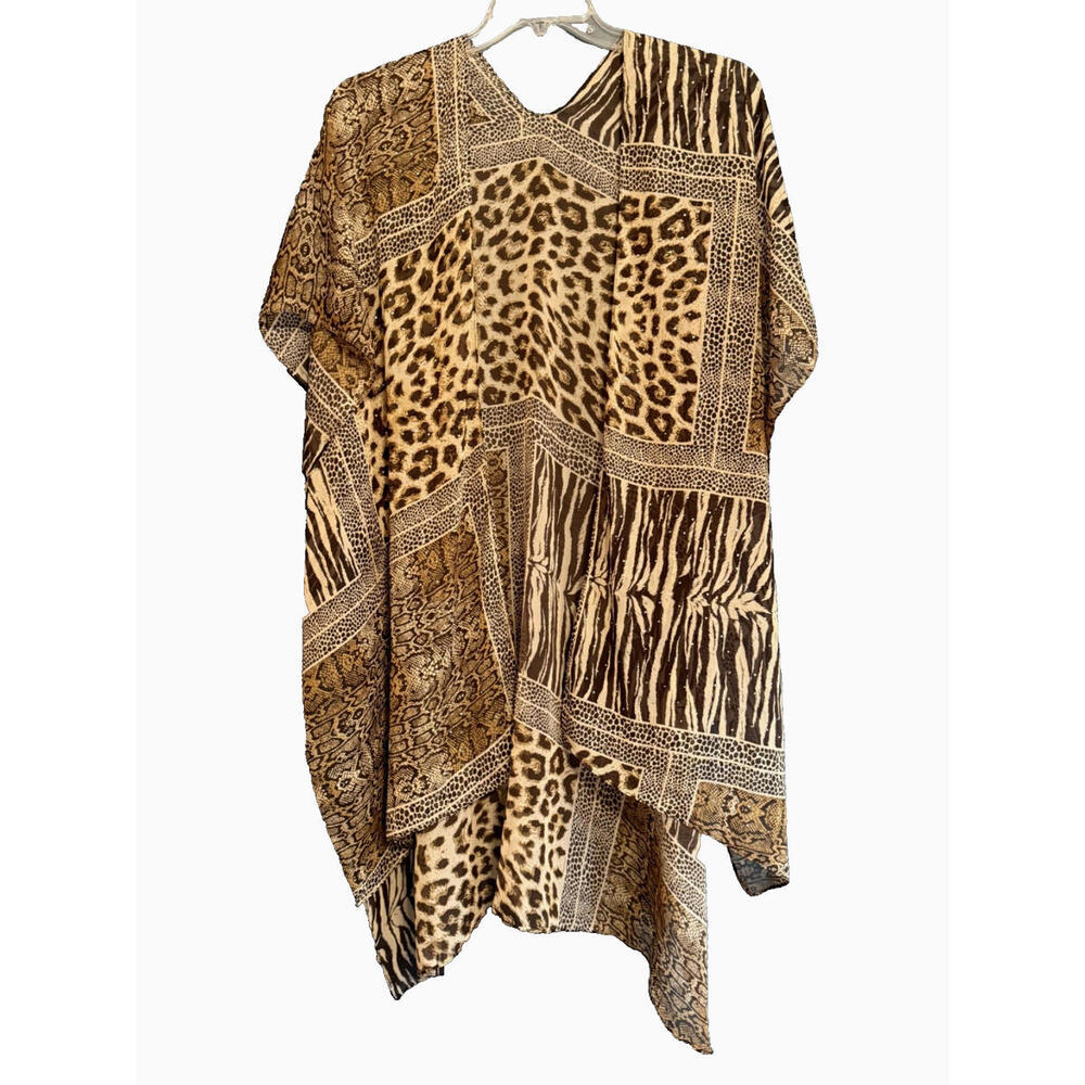Unbranded  Multi Animal Print  Sheer Pancho Overlay with Rhinestones Brown/Beige